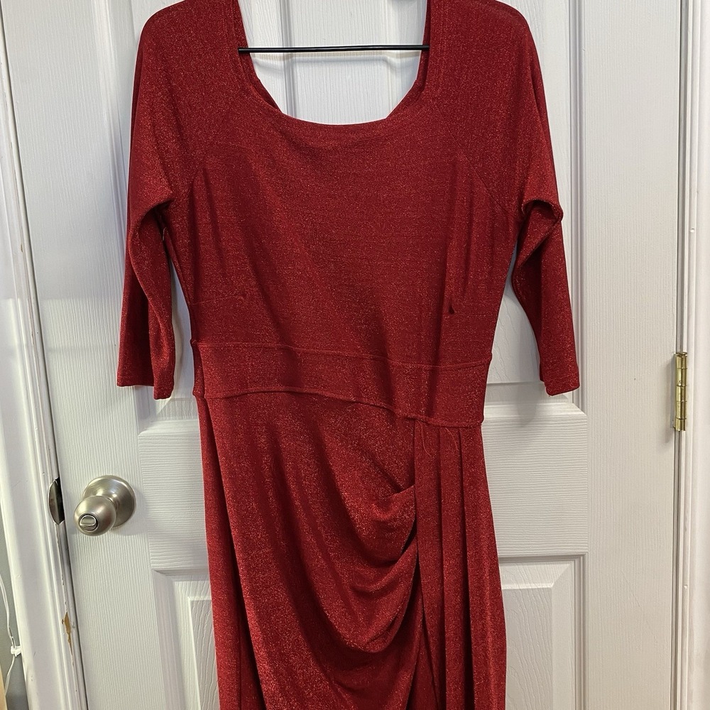 Long Sparkly Red 3/4" Sleeve Split Side Cocktail Dress NWOT Women's SZ L Stretch